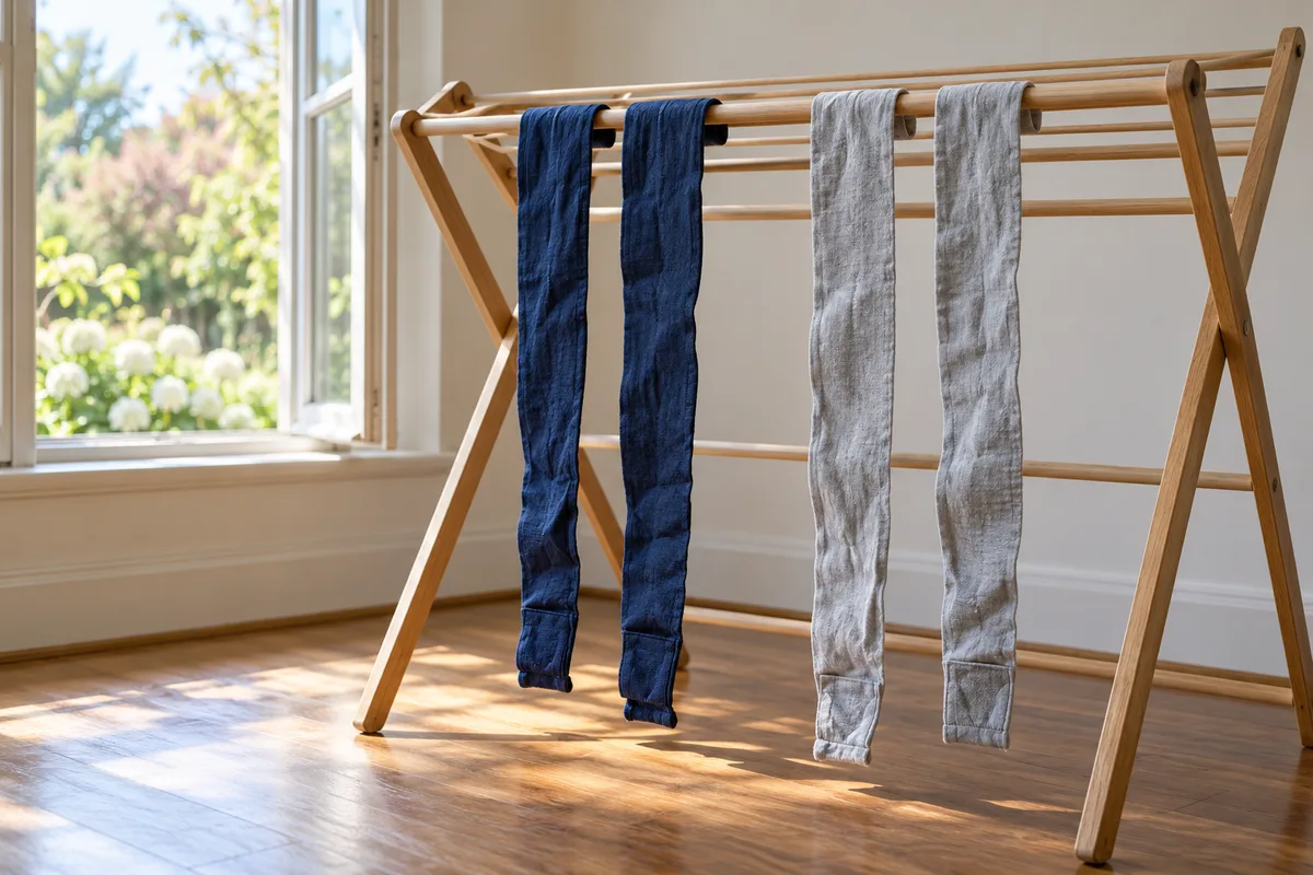 Bandes de boxe bleu marine et gris clair qui sèchent dépliées sur un étendoir en bois