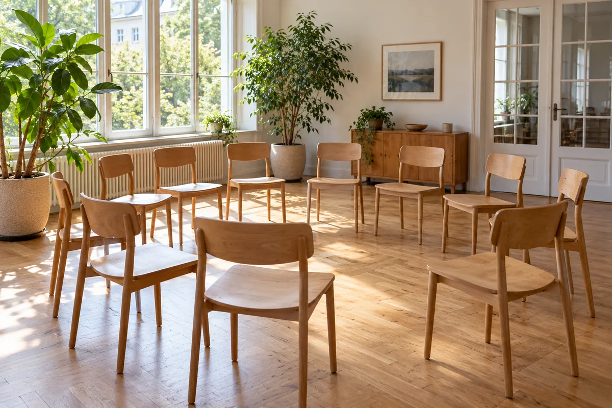 Chaises disposées en cercle dans la salle de réunion d&rsquo;une maison de quartier, prêtes pour un temps d&rsquo;échange