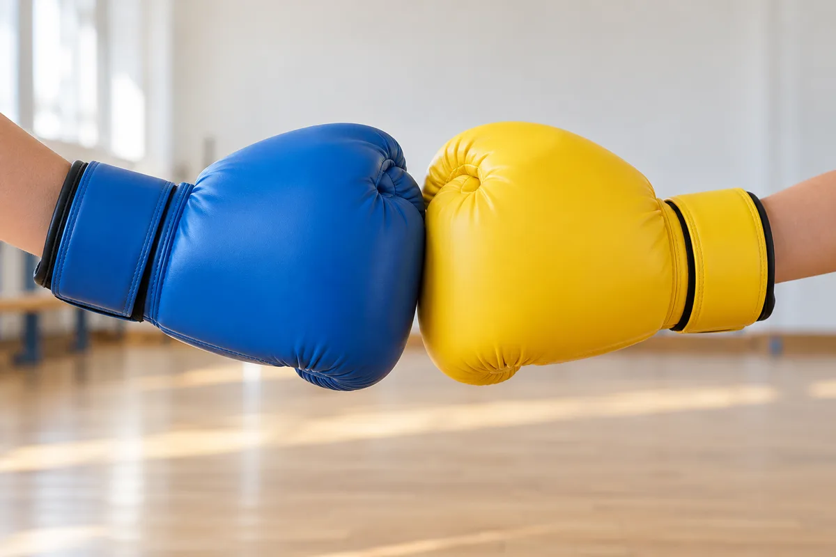 Deux poings en gants de boxe éducative bleu et jaune qui se touchent en signe de salut
