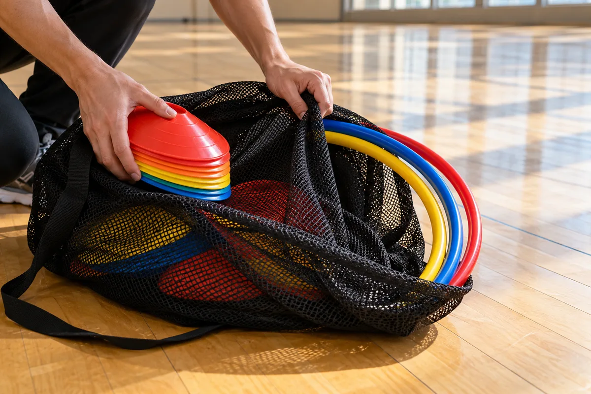 Mains rangeant plots et cerceaux dans un sac en filet après une séance d&rsquo;animation en gymnase