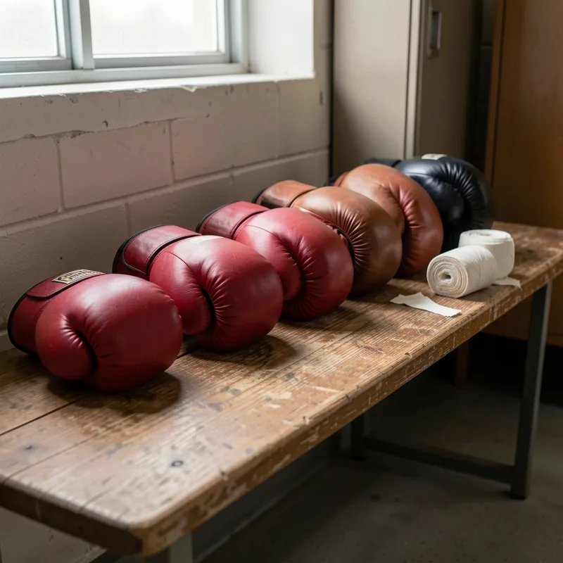 Gants de boxe de tailles et de poids différents alignés sur un banc de vestiaire