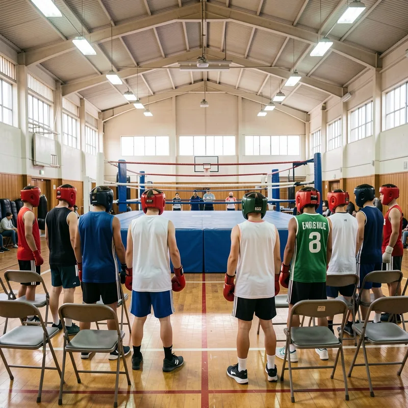 Plateau de compétition amateur dans un gymnase, casques et maillots de club