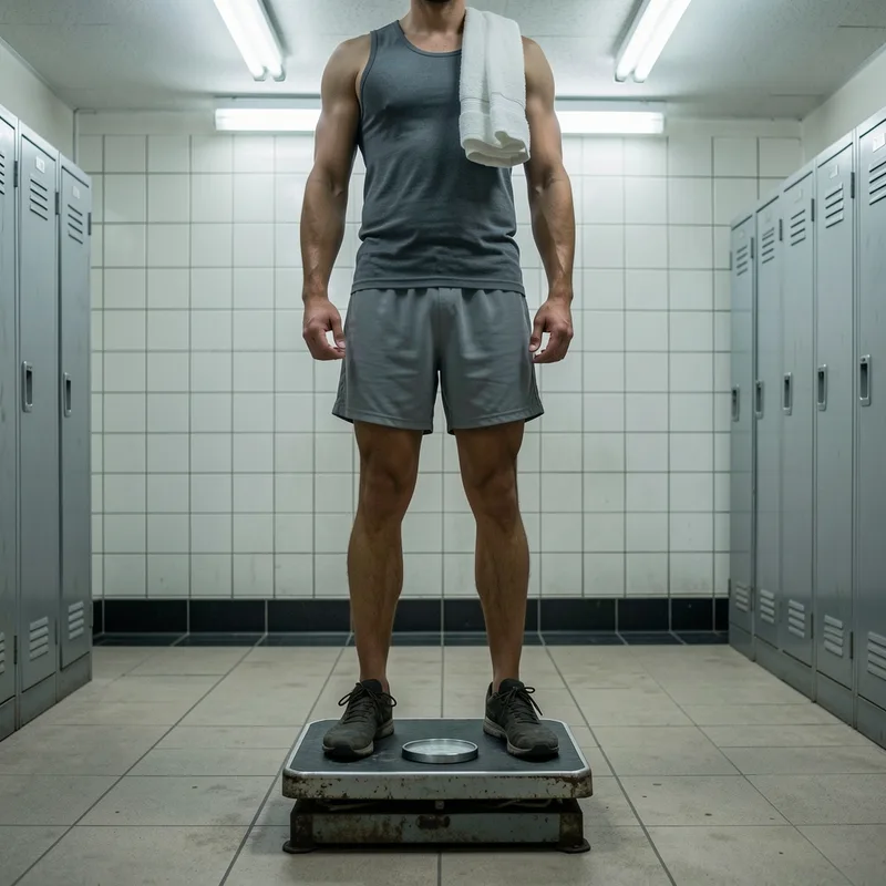 Boxeur en tenue d&rsquo;entraînement debout sur une balance de pesée dans un vestiaire