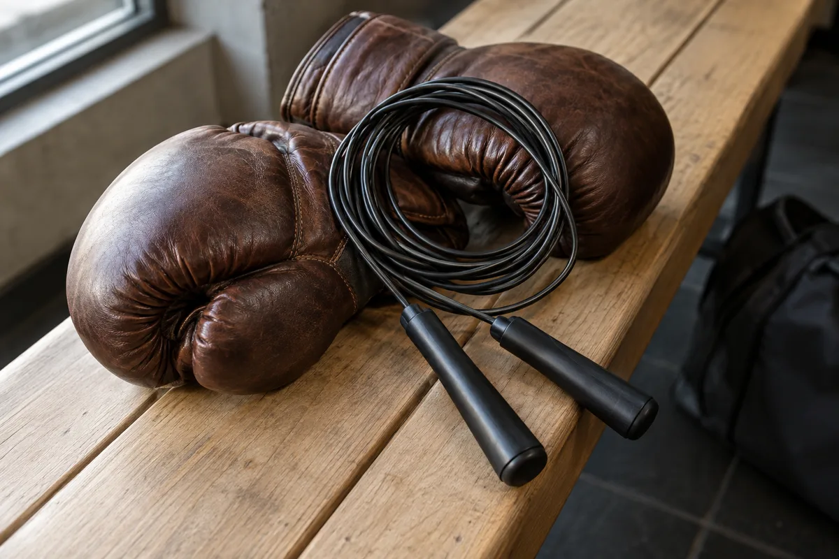 Corde de vitesse enroulée posée sur une paire de gants de boxe