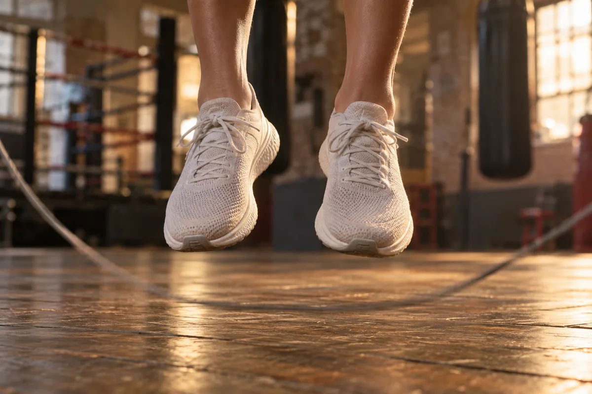 Pieds en baskets en plein saut au-dessus d&rsquo;une corde floue en mouvement