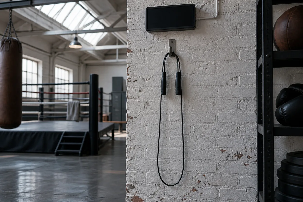 Chronomètre de salle de boxe et corde à sauter suspendue à un crochet