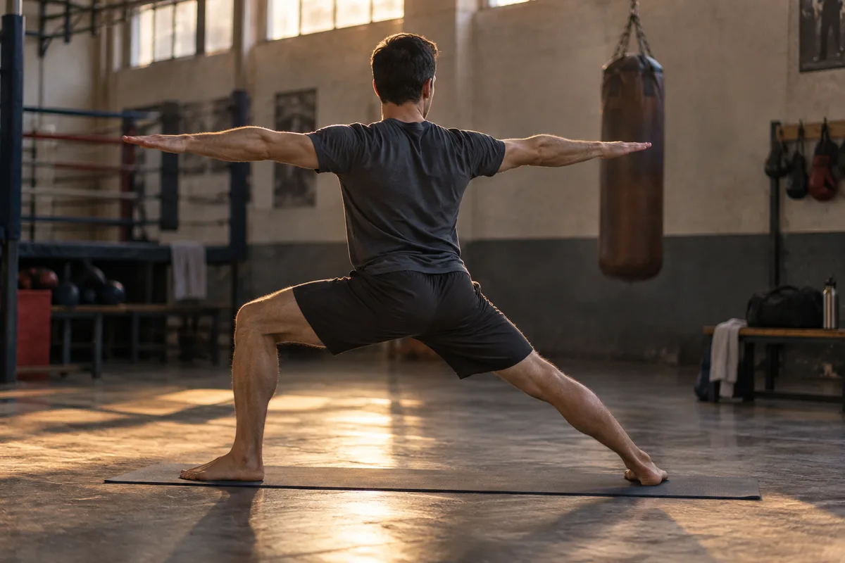 Boxeur vu de dos en posture du guerrier sur un tapis de yoga, sac de frappe flou en arrière-plan