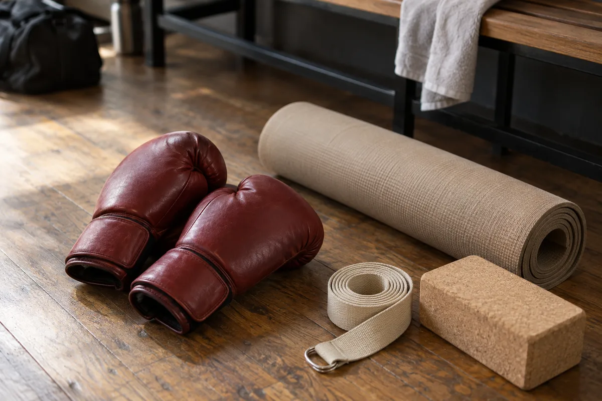 Gants de boxe posés à côté d&rsquo;un tapis de yoga roulé sur le sol d&rsquo;une salle