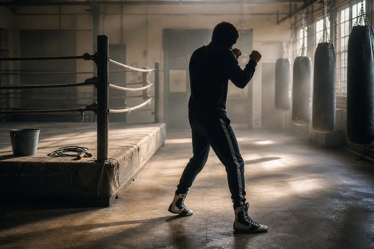 Pratiquant de savate en garde, chaussure spécifique et appuis mobiles