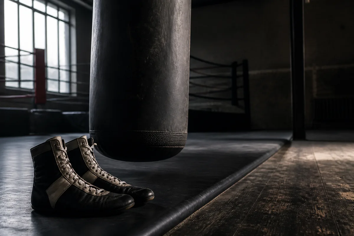 Sac de frappe et paire de chaussures de savate posées au bord du tapis