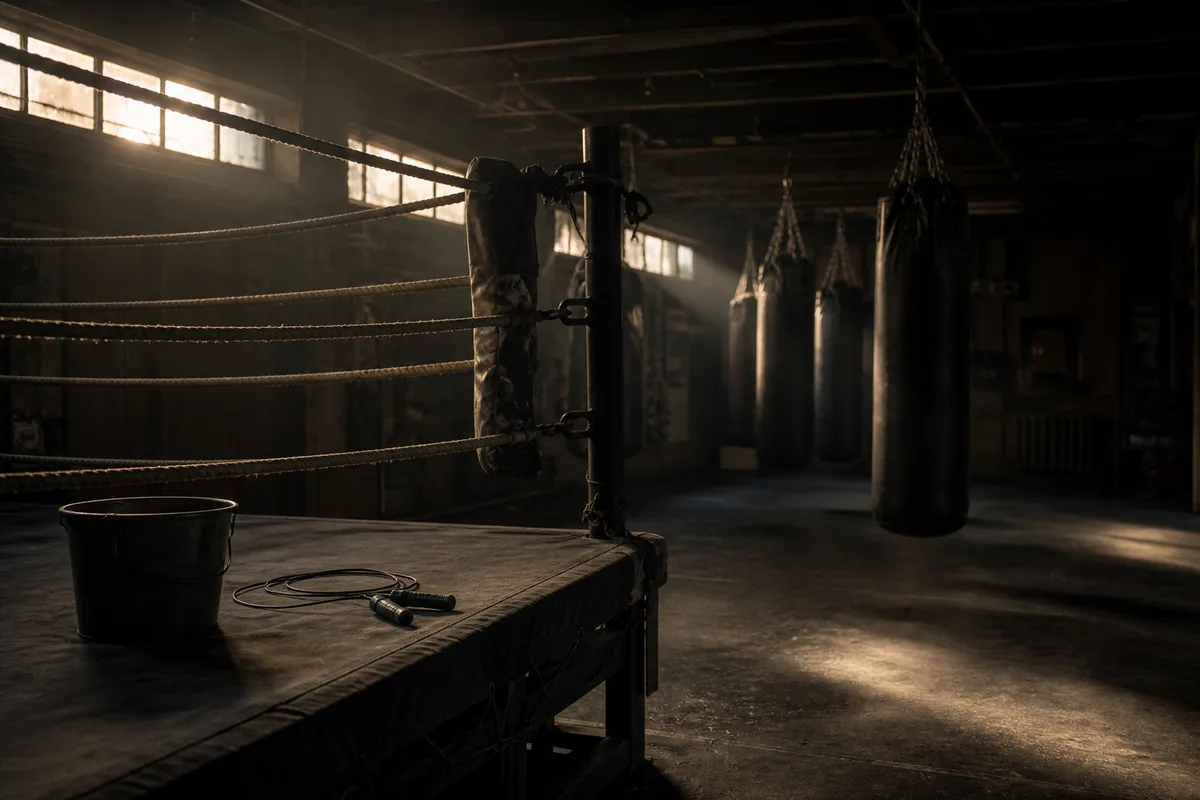 Salle de boxe pendant un cours collectif, encadrant corrigeant un pratiquant