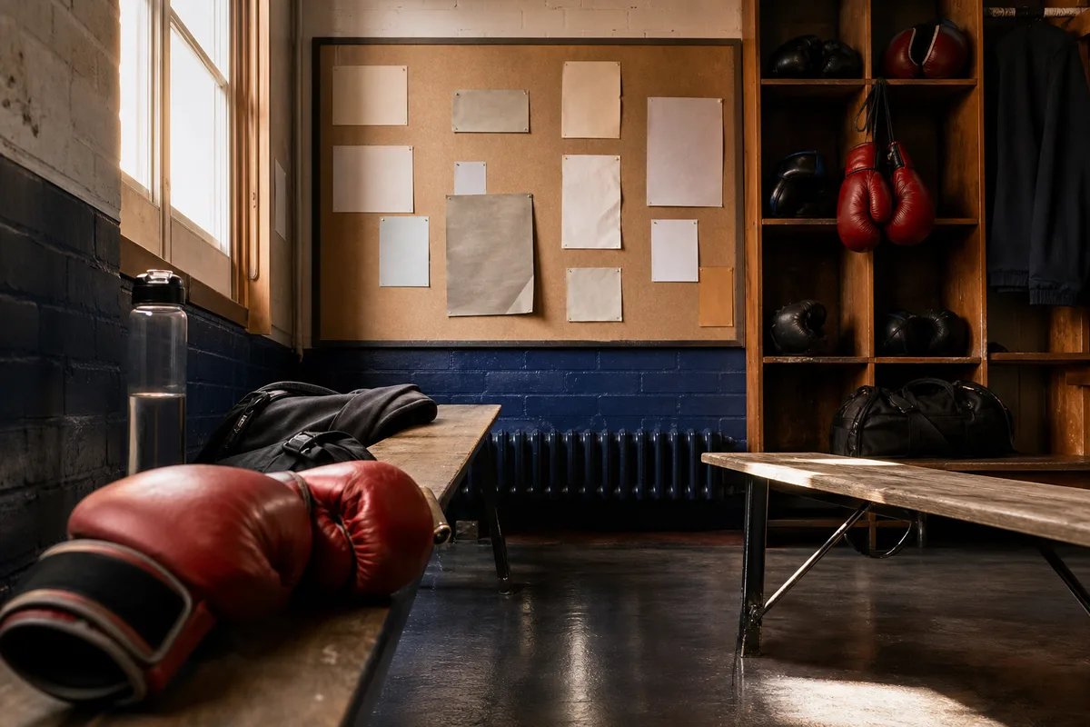 Vestiaire et mur d&rsquo;affichage d&rsquo;une salle de sport de combat