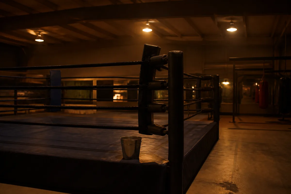 Coin de ring vide dans une salle d&rsquo;entraînement, cordes et seau