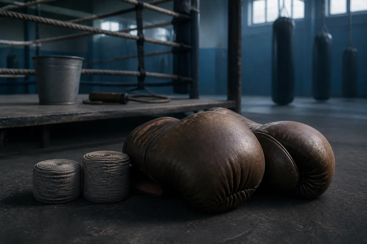 Paire de gants de boxe posée sur le tapis à côté de bandes enroulées
