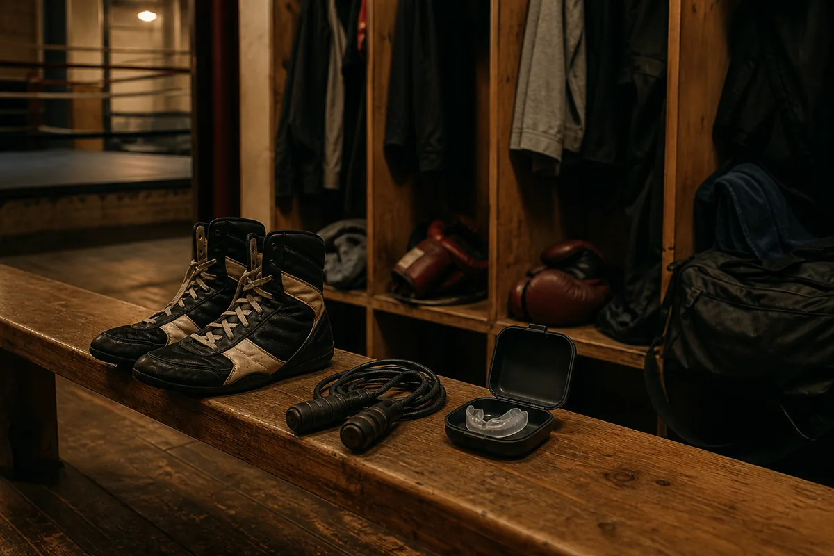 Vestiaire de salle avec chaussures de boxe, corde et protège-dents dans sa boîte