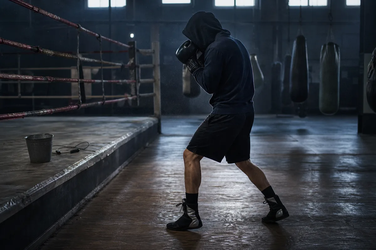 Boxeur en garde classique vu de profil, pieds décalés et genoux légèrement fléchis