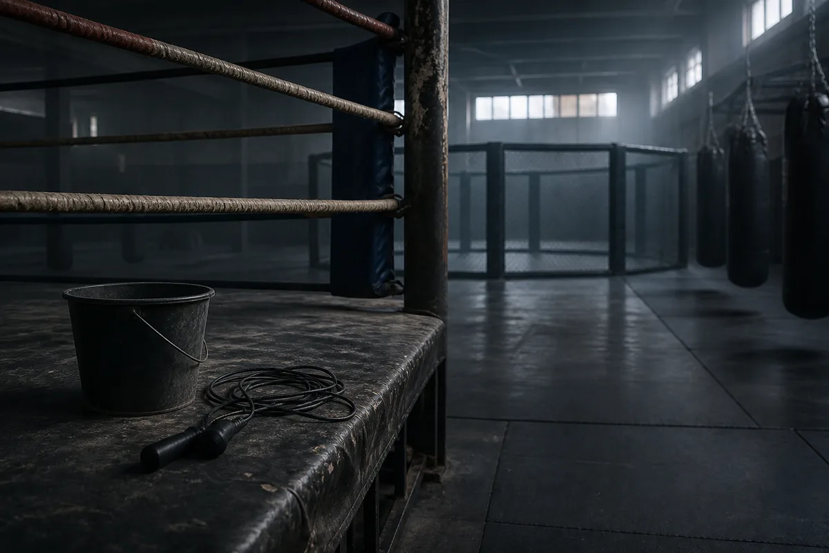 Salle de sport de combat avec tapis au sol et cage d&rsquo;entraînement